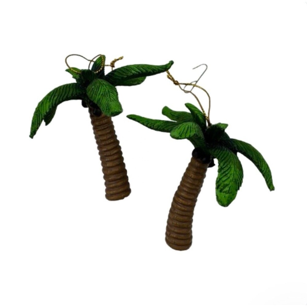 Set of 2 Palm Tree Christmas Ornaments Tropical Beach Theme Resin Coconuts